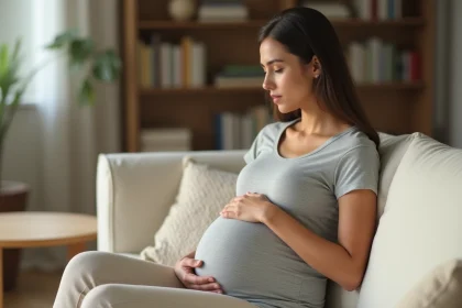 Femme enceinte assise sur un canapé, main posée sur le bas ventre gauche, expression préoccupée, intérieur calme