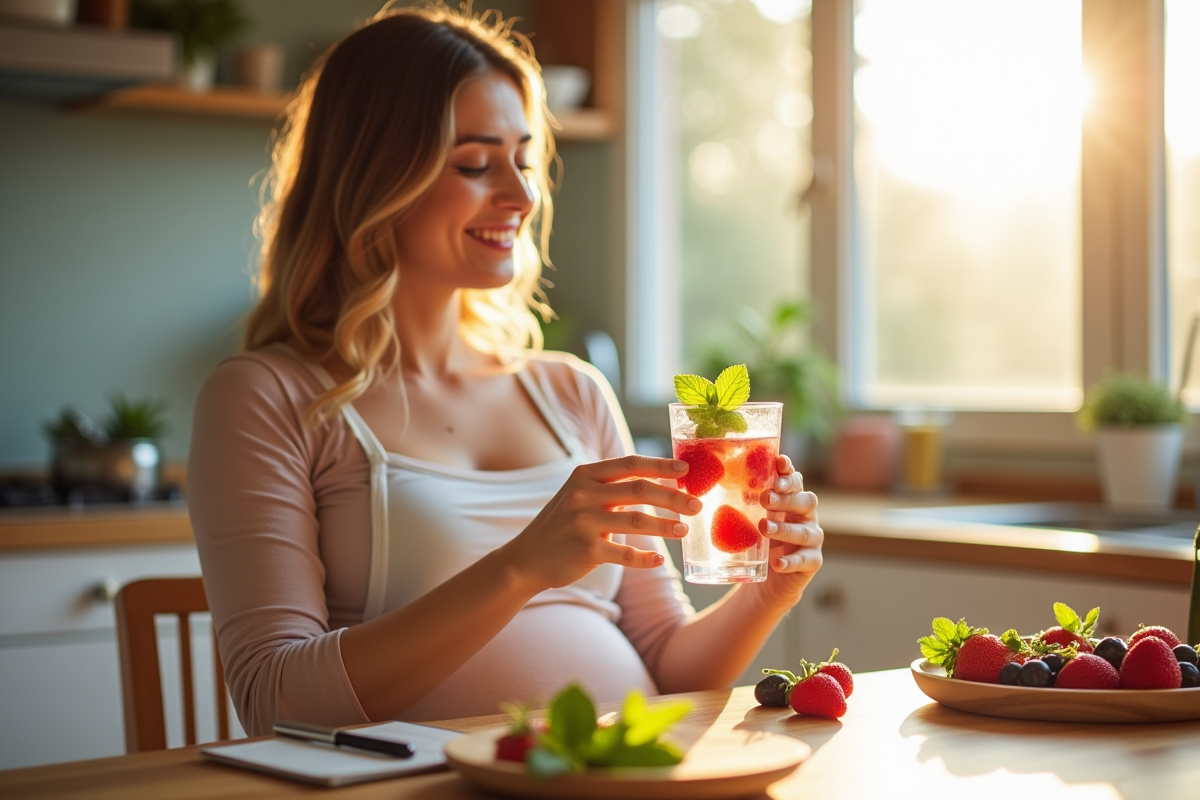 Femme enceinte souriante buvant une eau infusée aux fruits dans la cuisine