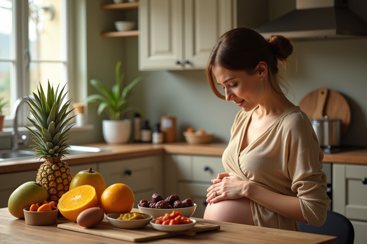 Femme enceinte assise à la cuisine avec fruits et épices naturels