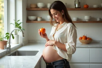 Femme enceinte tenant un kaki mûr dans les mains dans une cuisine moderne, fruit orange vif en gros plan