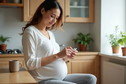 Femme enceinte lisant la notice d'un médicament à base de probiotiques à la table de cuisine