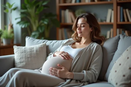 Femme enceinte reposant sur un canap&eacute; confortable