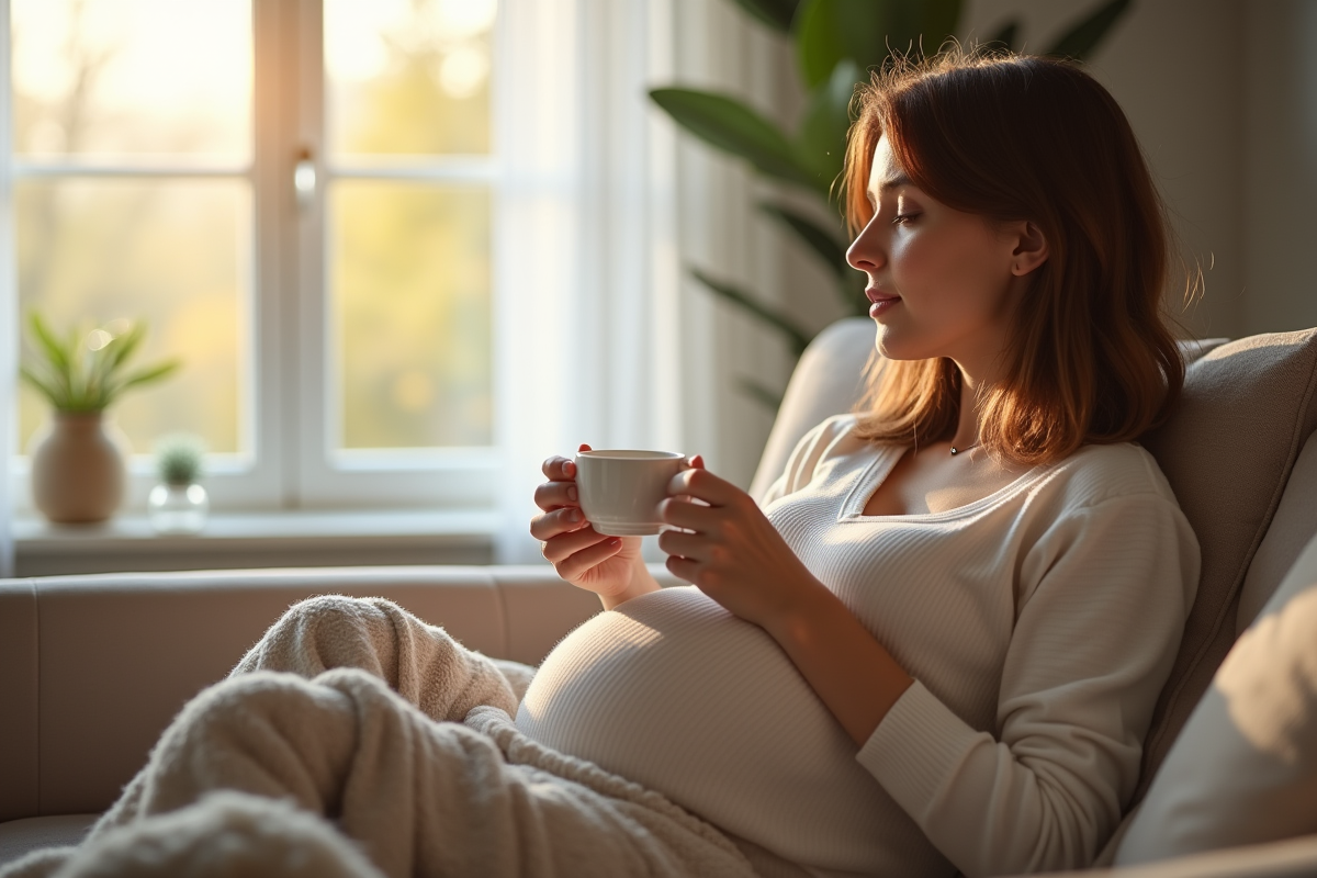 Femme enceinte se relaxant sur un canapé dans un salon lumineux