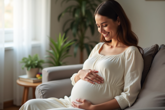 Femme enceinte dans un salon chaleureux et intime