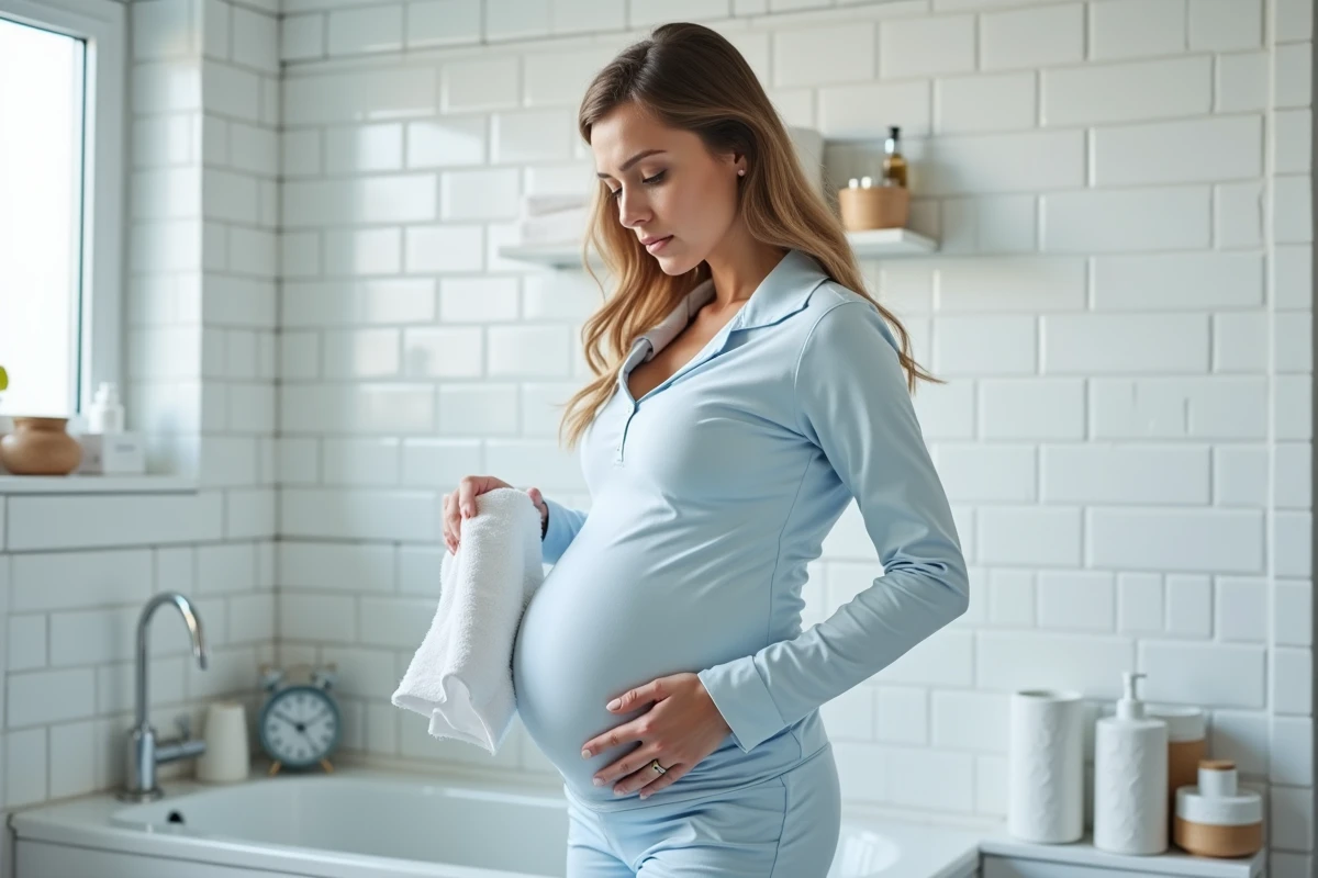 Femme enceinte dans la salle de bain surveillant une fissure de la poche des eaux avec une serviette