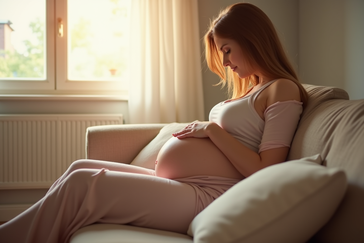 Femme enceinte tenant son ventre dans un salon lumineux