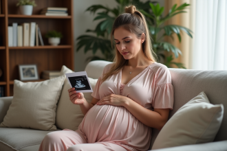 Femme enceinte tenant un sonogramme dans un salon chaleureux