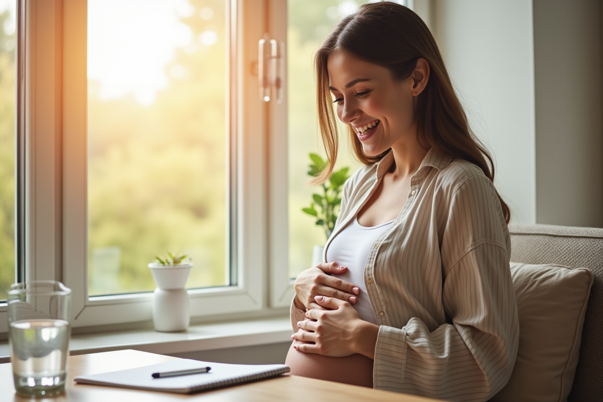 Femme enceinte souriante assise près d'une fenêtre ensoleillée