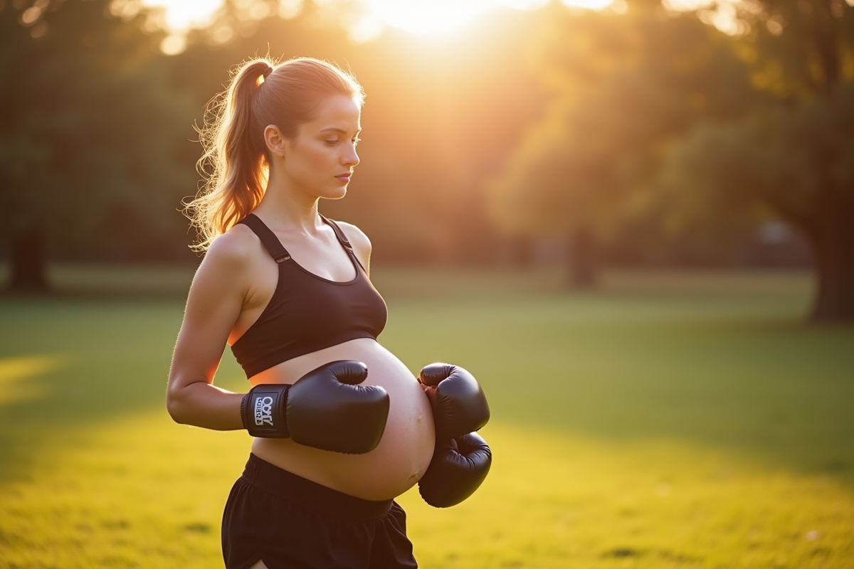 Femme enceinte en tenue de sport tenant des gants dans un parc ensoleille