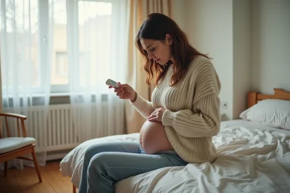 Femme enceinte pensant avec thermometre dans la chambre