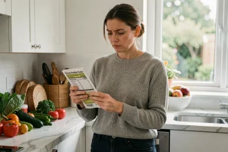 Femme dans la quarantaine lisant une étiquette nutritionnelle dans une cuisine moderne entourée d'aliments sains, illustrant la confusion face à la prise de poids inexpliquée
