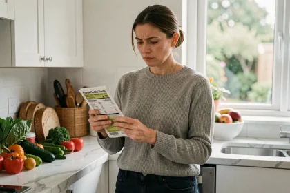 Femme dans la quarantaine lisant une étiquette nutritionnelle dans une cuisine moderne entourée d'aliments sains, illustrant la confusion face à la prise de poids inexpliquée