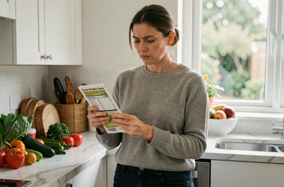 Femme dans la quarantaine lisant une étiquette nutritionnelle dans une cuisine moderne entourée d'aliments sains, illustrant la confusion face à la prise de poids inexpliquée