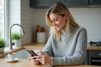 Femme gérant ses rendez-vous médicaux sur smartphone depuis chez elle via l'application KelDoc