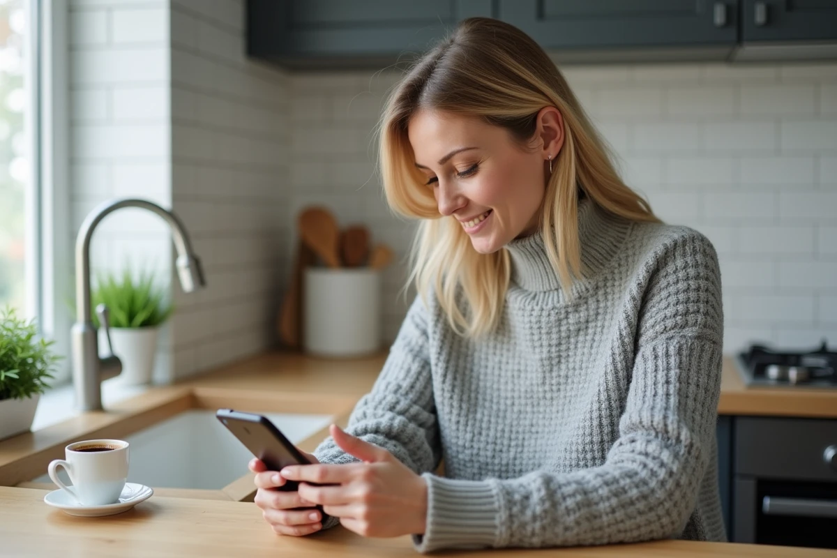Femme gérant ses rendez-vous médicaux sur smartphone depuis chez elle via l'application KelDoc