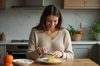 Femme enceinte râpant du parmesan sur un plat de pâtes