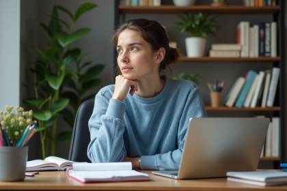 Jeune femme concentrée dans son bureau à domicile