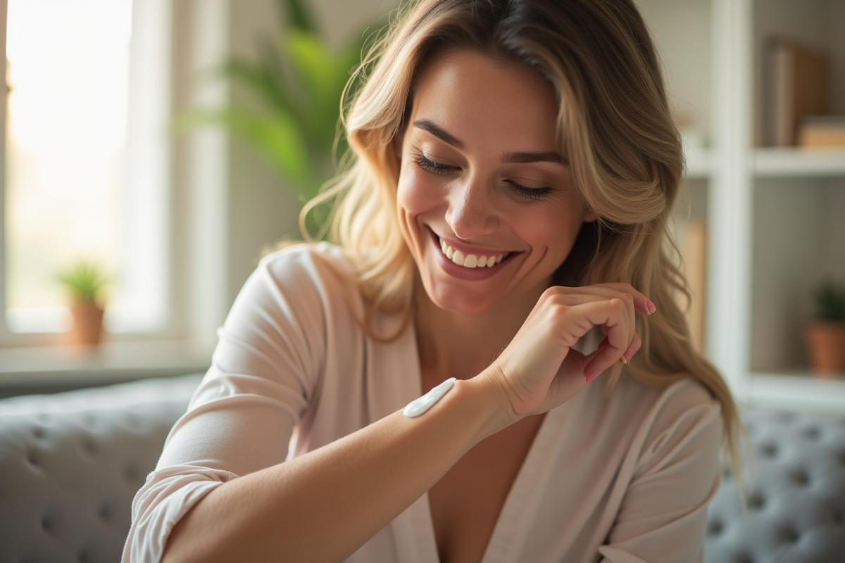 Femme souriante appliquant une creme hydratante sur le bras