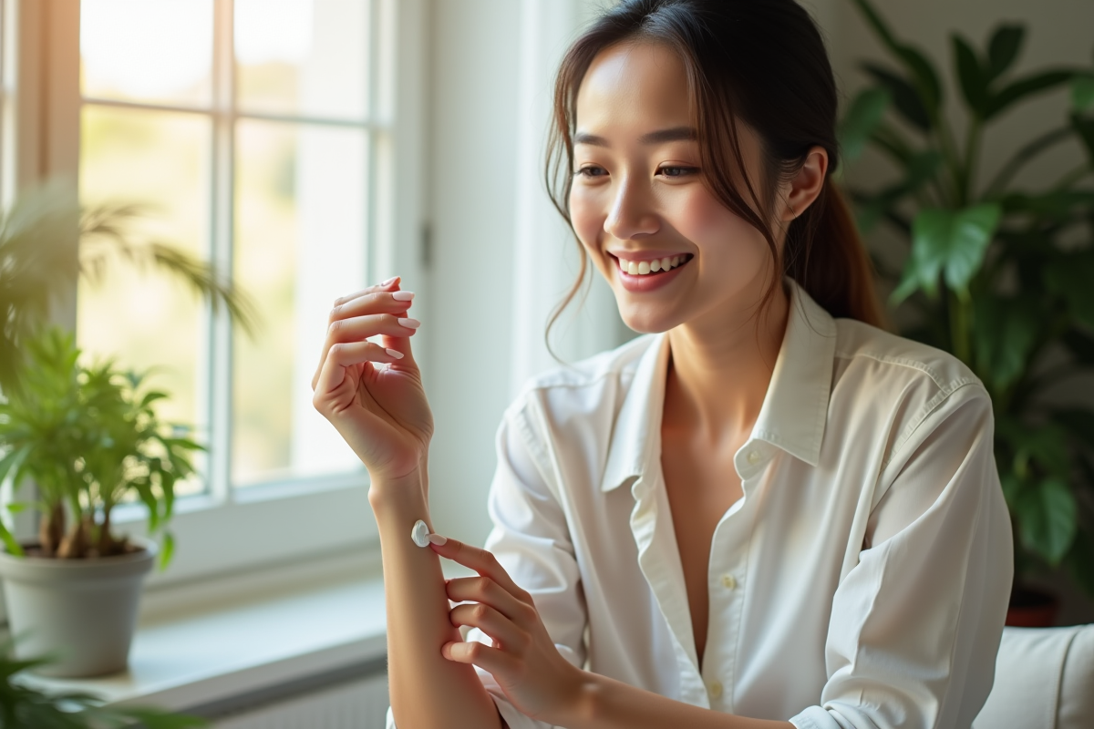 Femme souriante appliquant crème hydratante sur le bras