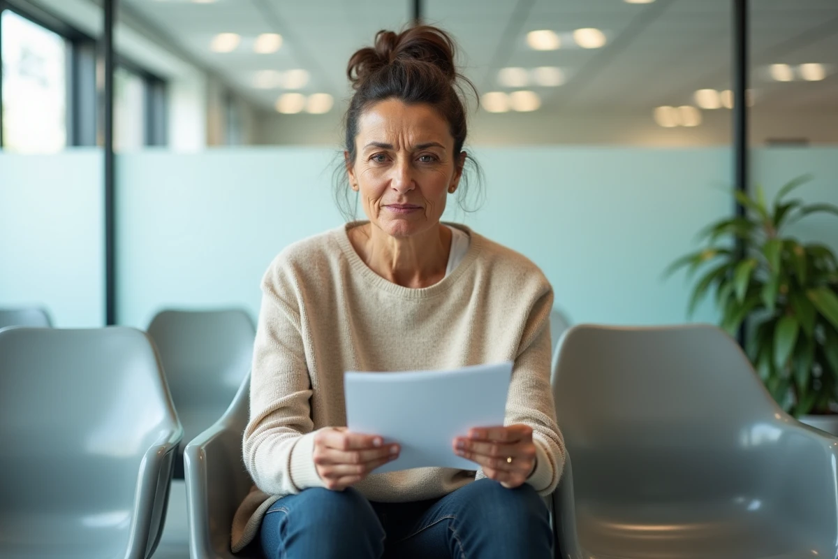 Femme présentant un léger ictère cutané dans une salle d'attente hospitalière, symbolisant les symptômes visibles de la maladie de Gilbert et l'inquiétude liée au cancer du foie