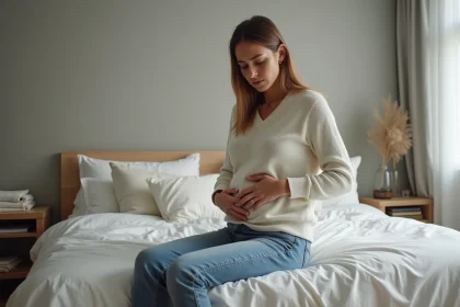 Femme pr&eacute;occup&eacute;e tenant son ventre dans une chambre calme
