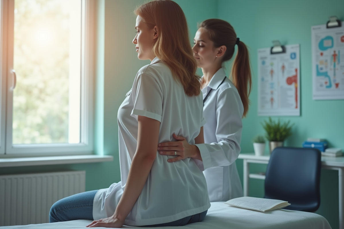 Femme inquiète sur une table d'examen médical