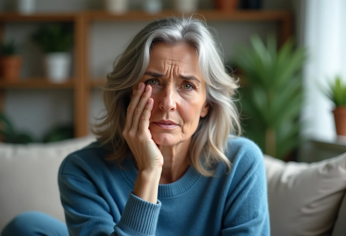 Femme d'âge moyen inquiète dans son salon