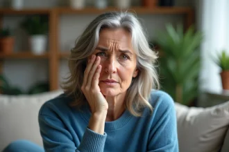 Femme d'âge moyen inquiète dans son salon