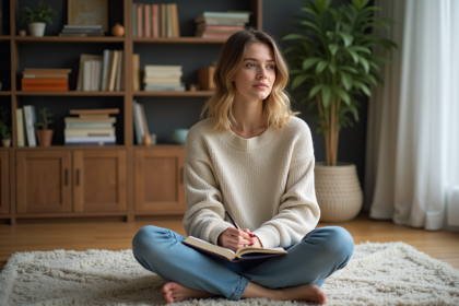 Femme en sweater faisant du journaling dans un salon calme