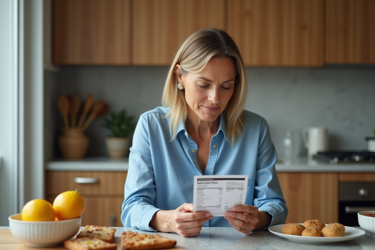 Femme lisant une étiquette nutritionnelle dans la cuisine