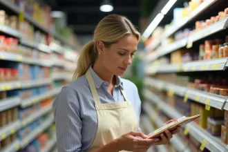 Femme lisant les étiquettes alimentaires dans un supermarché pour éviter les produits contenant des oignons