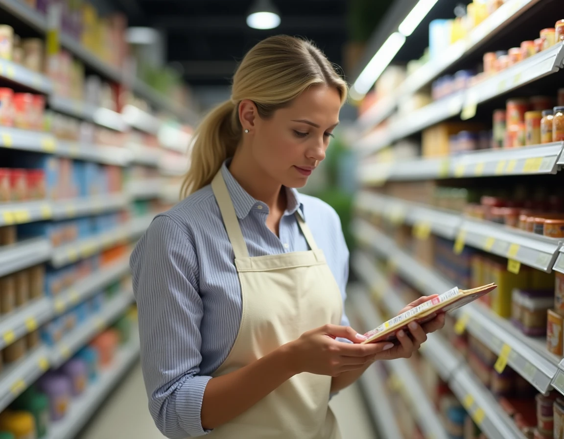 Femme lisant les étiquettes alimentaires dans un supermarché pour éviter les produits contenant des oignons