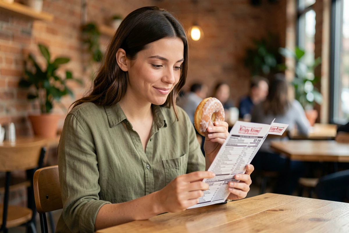 Jeune femme lisant les informations nutritionnelles d'un donut Krispy Kreme dans un café