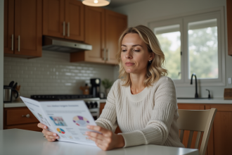 Femme lisant un pamphlet médical dans sa cuisine moderne