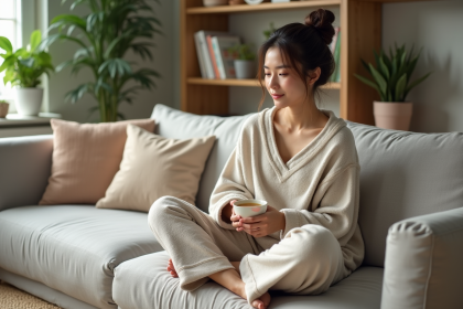 Jeune femme détendue avec tasse de tisane dans un salon