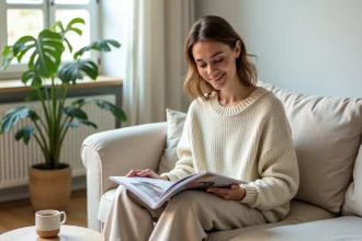 Femme détendue lisant un magazine de psychologie positive sur un canapé en lin dans un salon scandinave cosy