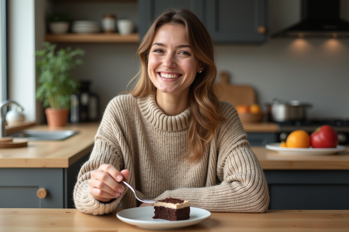 Femme souriante dégustant un gâteau au chocolat dans une cuisine chaleureuse
