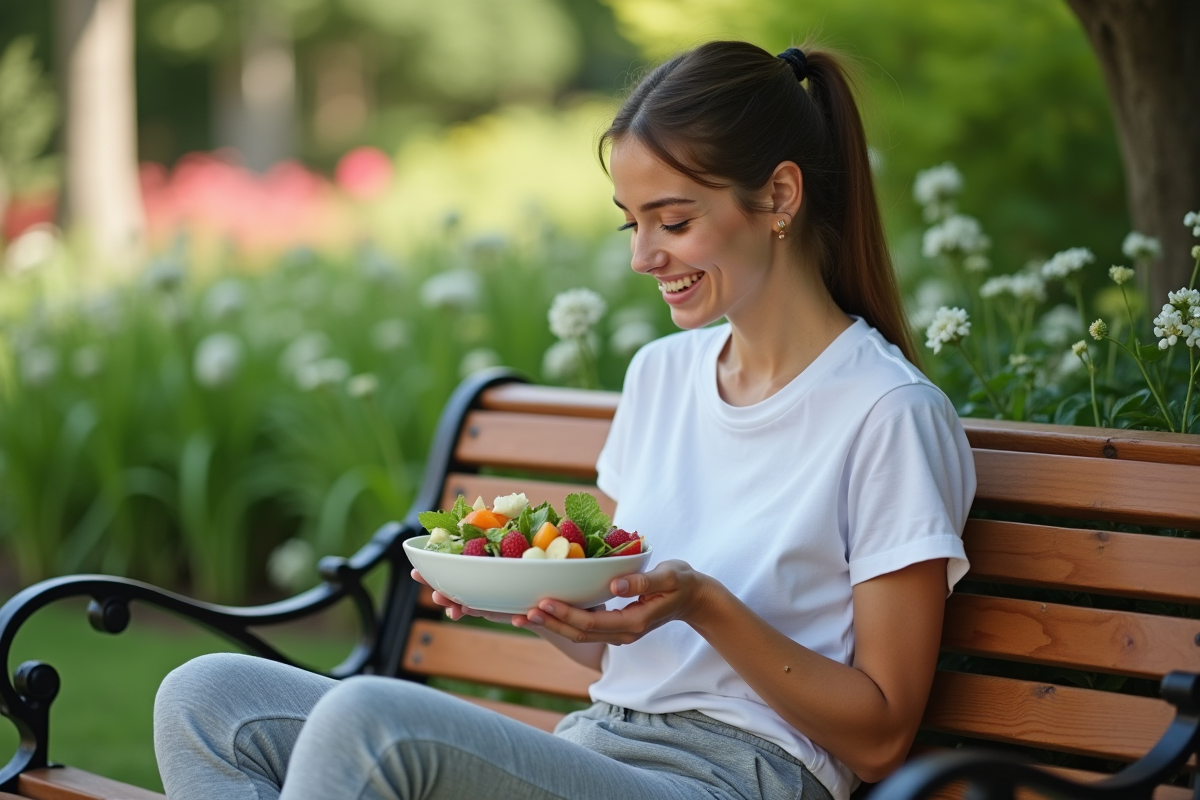 Femme détendue mangeant un bol de fruits frais dans un jardin