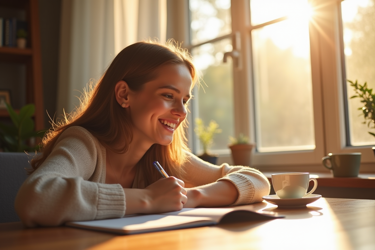 Jeune femme souriante s'étirant près d'une fenêtre en matinée