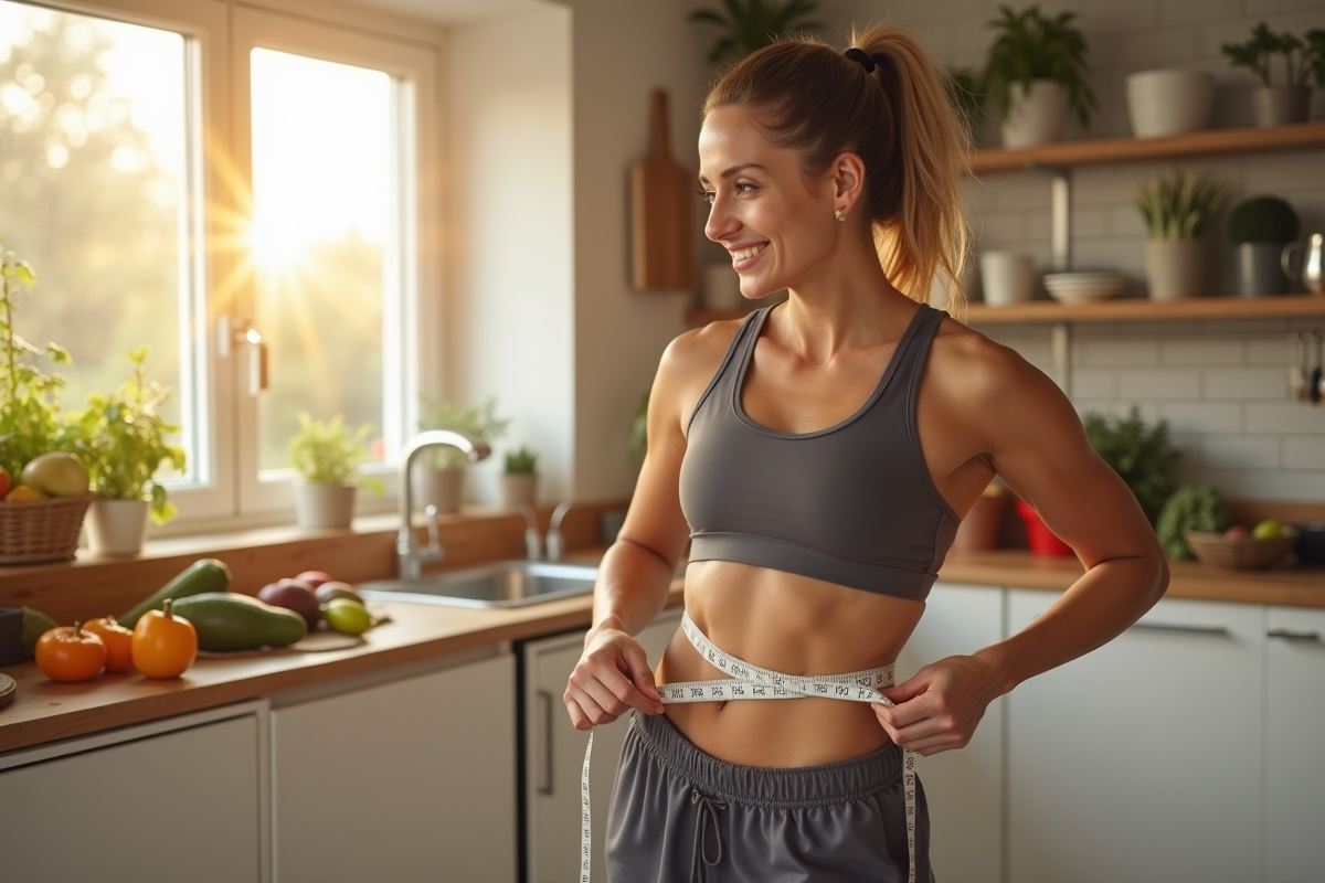 Femme en tenue de sport mesurant son tour de taille dans une cuisine lumineuse