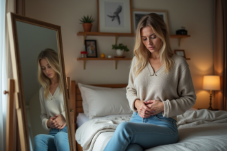 Femme regardant son reflet dans le miroir avec inquiétude