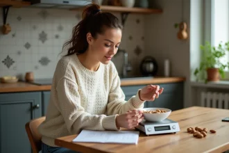 Femme pesant des amandes dans une cuisine chaleureuse