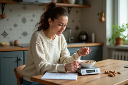 Femme pesant des amandes dans une cuisine chaleureuse