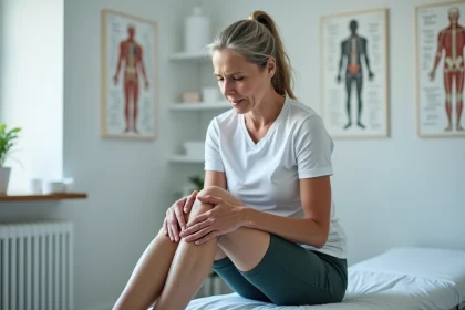 Femme d'environ 50 ans en tenue sportive consulte son genou