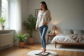 Femme se pesant à la maison avec un regard réfléchi