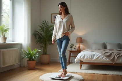 Femme se pesant &agrave; la maison avec un regard r&eacute;fl&eacute;chi