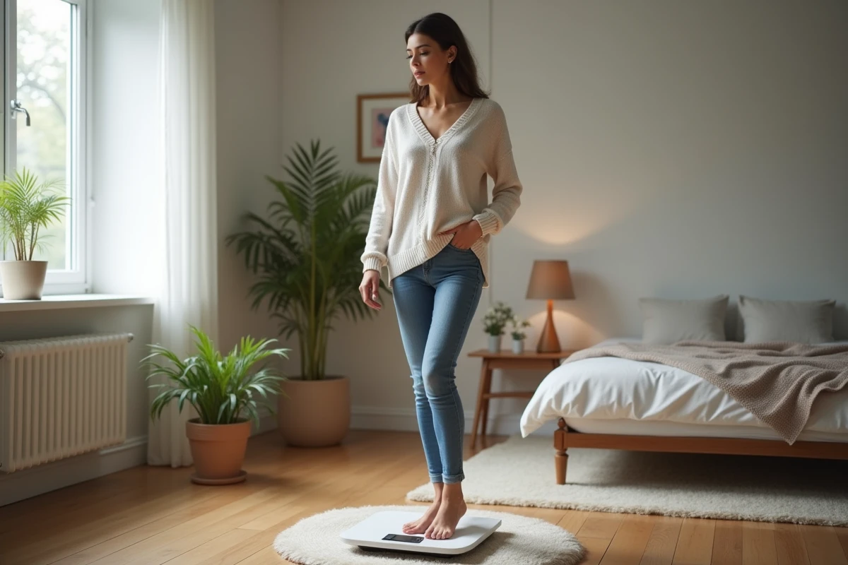 Femme se pesant à la maison avec un regard réfléchi