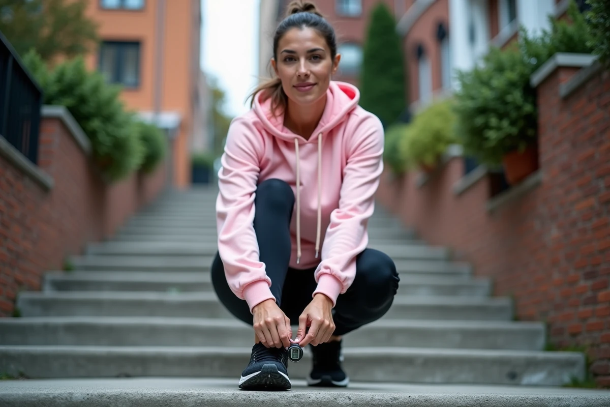 Femme prête à marcher avec un podomètre pour compter ses pas et calculer la distance parcourue en kilomètres