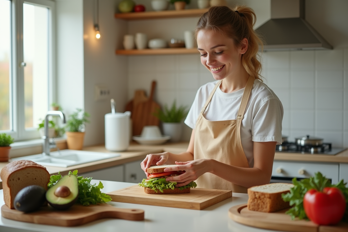 Femme souriante préparant un sandwich avec pain complet