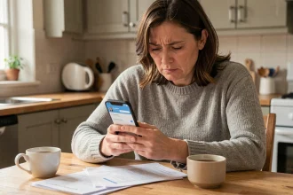 Femme cherchant un médecin généraliste sur une application mobile à la maison, illustrant le problème du désert médical